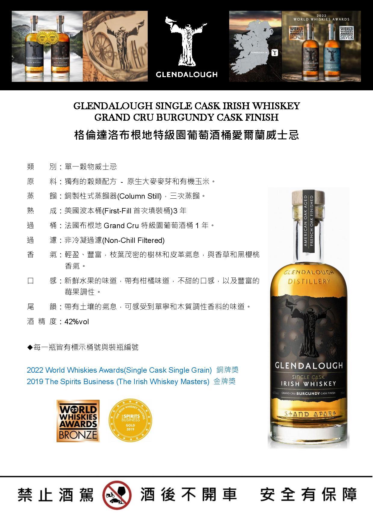 GLENDALOUGH SINGLE CASK IRISH WHISKEY GRAND CRU BURGUNDY CASK FINISH 格倫達洛布根地特級園葡萄酒桶愛爾蘭威士忌